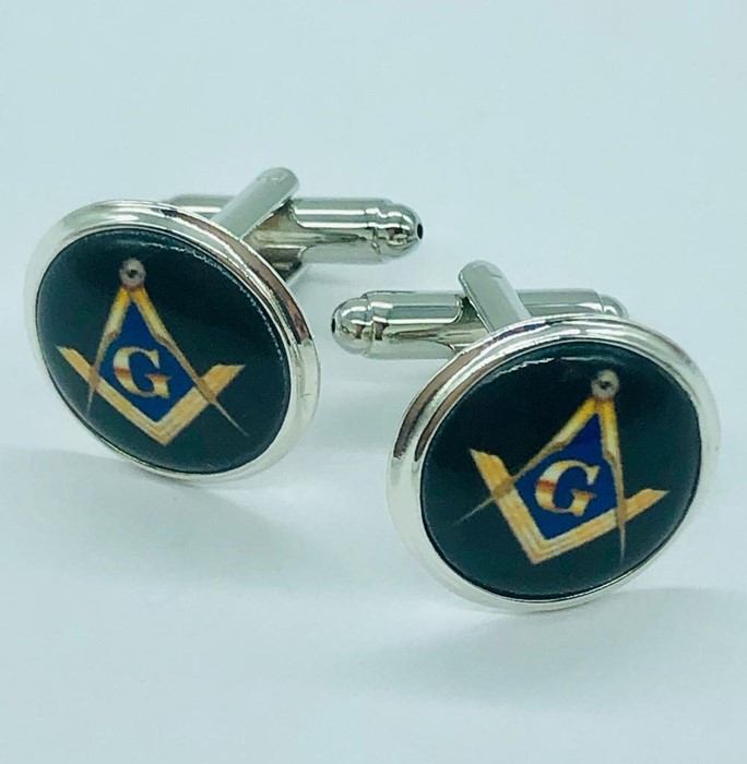 A pair of silver and enamel cufflinks with masonic symbols - Image 2 of 2