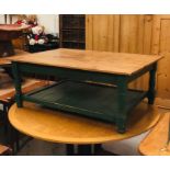 Pine coffee table with green painted base (H49cm D89cm W123cm)