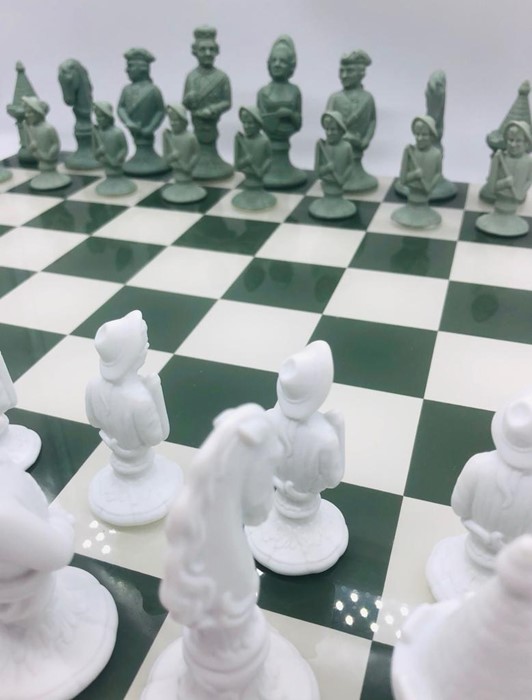 A German Furstenberg Biscuit Porcelain Chess Set in sage green and white in case with glass topped - Image 6 of 14