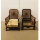 A pair of carved oak and cane armchairs, one with cushions - AF (please note the base is missing
