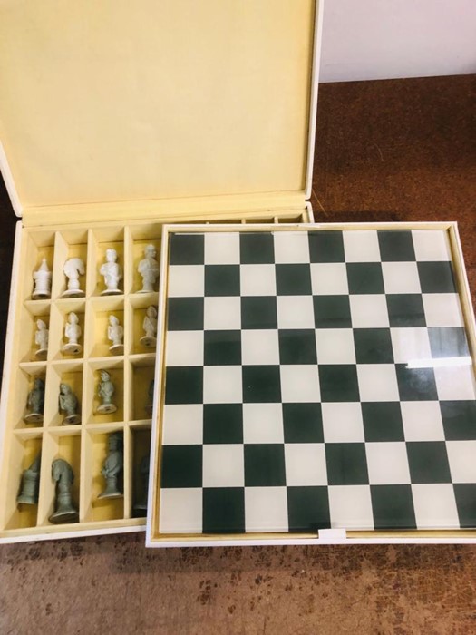 A German Furstenberg Biscuit Porcelain Chess Set in sage green and white in case with glass topped - Image 3 of 14