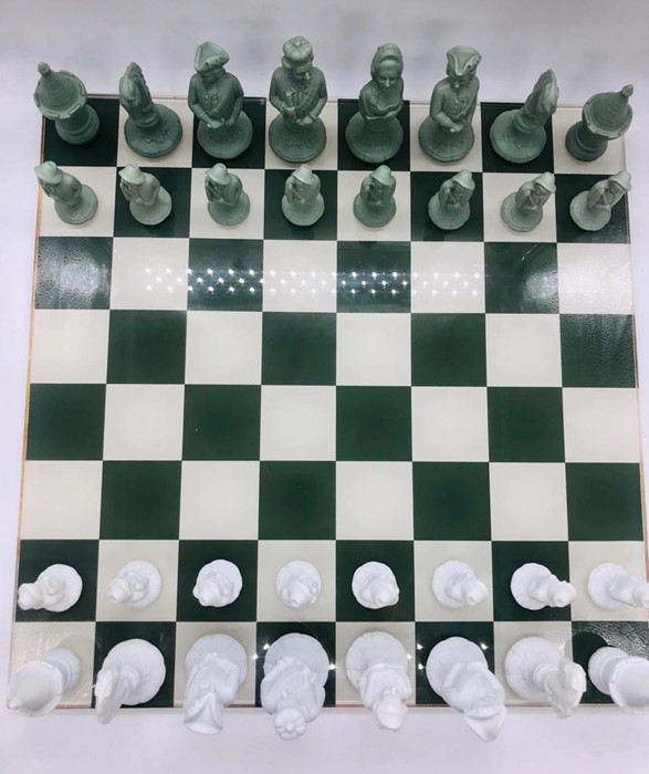 A German Furstenberg Biscuit Porcelain Chess Set in sage green and white in case with glass topped - Image 7 of 14