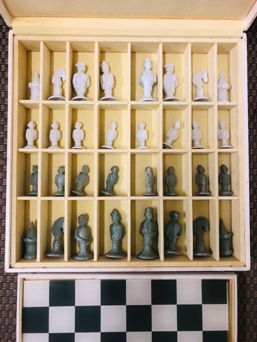 A German Furstenberg Biscuit Porcelain Chess Set in sage green and white in case with glass topped - Image 11 of 14