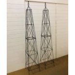 A pair of tall decorative iron obelisk plant support stands (H220cm)