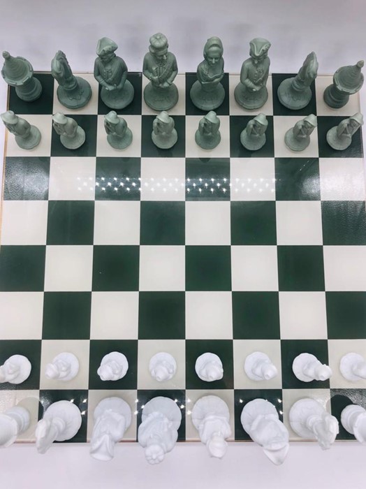 A German Furstenberg Biscuit Porcelain Chess Set in sage green and white in case with glass topped - Image 8 of 14