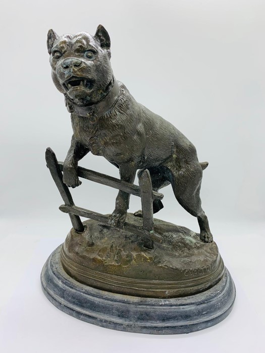 A Charles Valton Bronze of a dog in a country scene on a plinth.