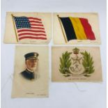 A selection of four cigarette silks of the Belgium flag, US American flag, The Scottish Rifles and