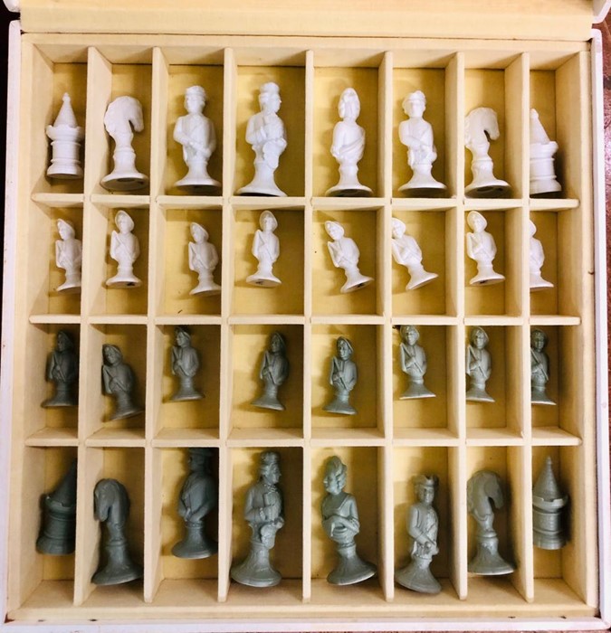 A German Furstenberg Biscuit Porcelain Chess Set in sage green and white in case with glass topped - Image 2 of 14