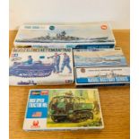 Five model kits of War ships and tanks, Airfix, Hales and Tamiya