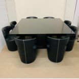 A large black gloss square contemporary table on solid stepped square base (166cm x 166cm) with