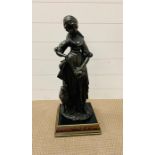 A bronze effect statue of a girl with a lamb
