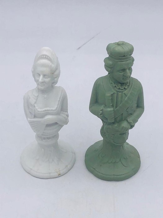 A German Furstenberg Biscuit Porcelain Chess Set in sage green and white in case with glass topped - Image 14 of 14
