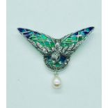 A silver Plique A Jour brooch with pearl