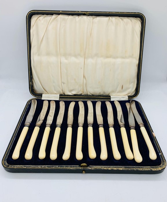 A Boxed set of twelve butter knives with silver mounts