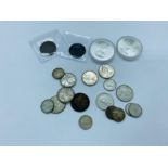 Canadian Silver coins, including 1976 Silver 5 Dollar coins, 25 cent coins and other old copper