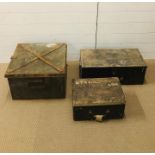 Two metal ammunition boxes and a wooden army tool box