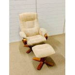 A cream upholstered swivel reclining lounger chair with matching footstool