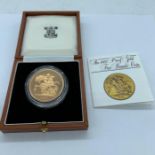 A 1981 proof gold Five Pound Coin, boxed, in 22ct gold.(39.94g)