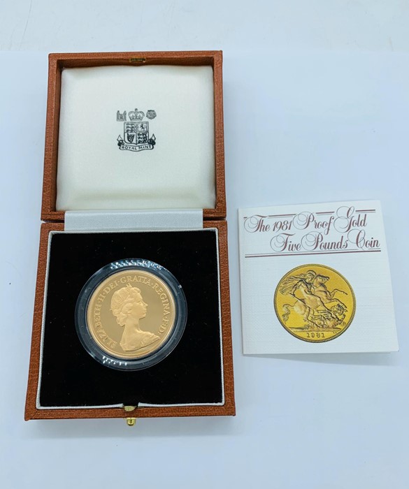 A 1981 proof gold Five Pound Coin, boxed, in 22ct gold.(39.94g) - Image 2 of 2