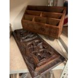 Black Forest carved book slide and wooden desk tidy