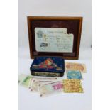 A Framed white Five Pound Note, along with a Coronation tin containing British and British