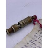 WW1 whistle believed to be Lieutenant Bradbury's 1917