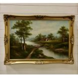 A framed oil on canvas of a cottage and lake scene with footbridge