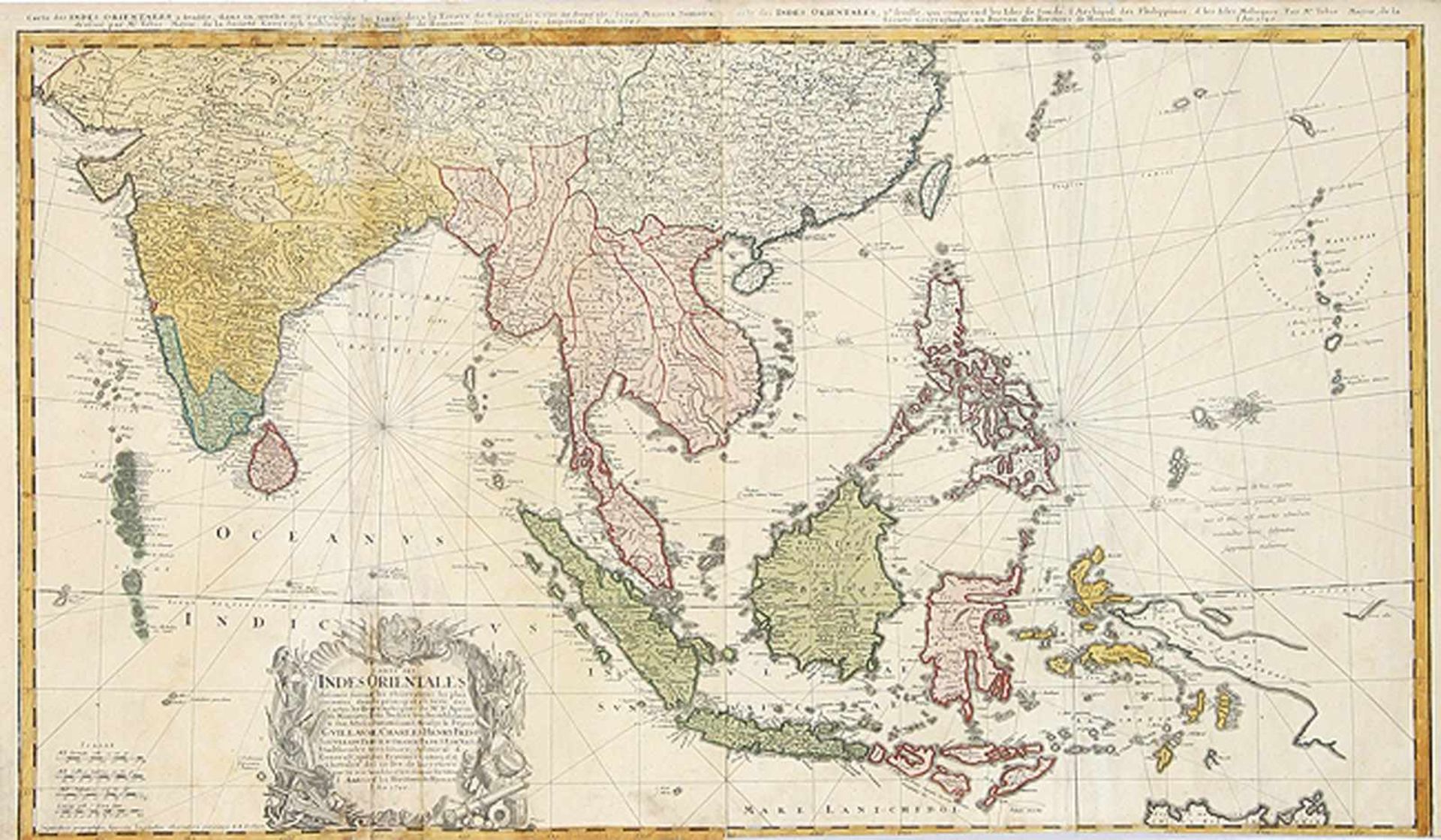 ASIENSüdostasien. „Carte des Indes Orientales...“. Teilkolorierte Kupferstichkarte mit nautischer