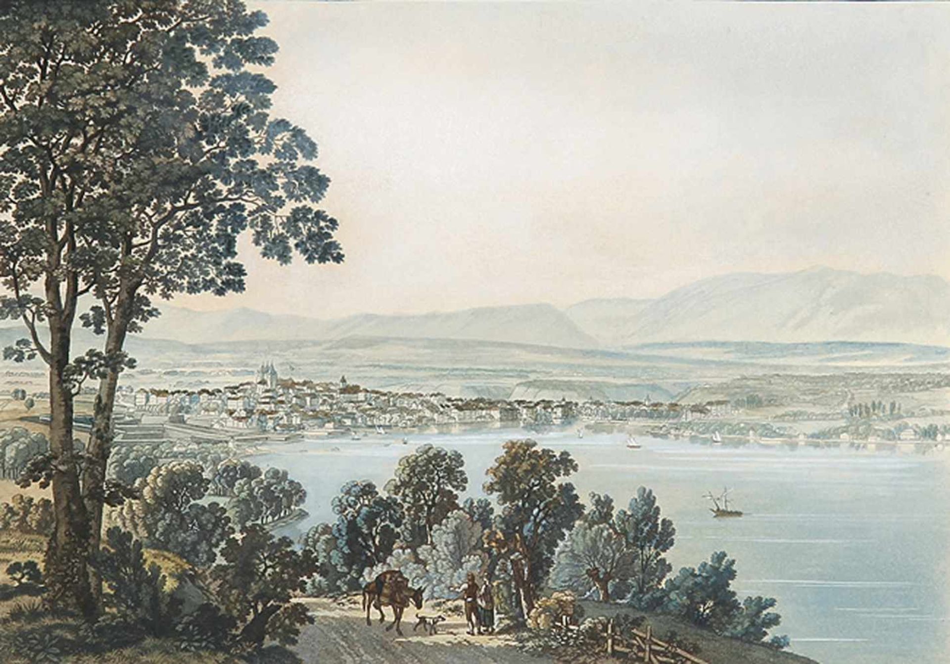 SCHWEIZGenf. „Vue de Genève depuis Cologni“. Blick vom Dorf Cologny über den See auf die Stadt Genf.