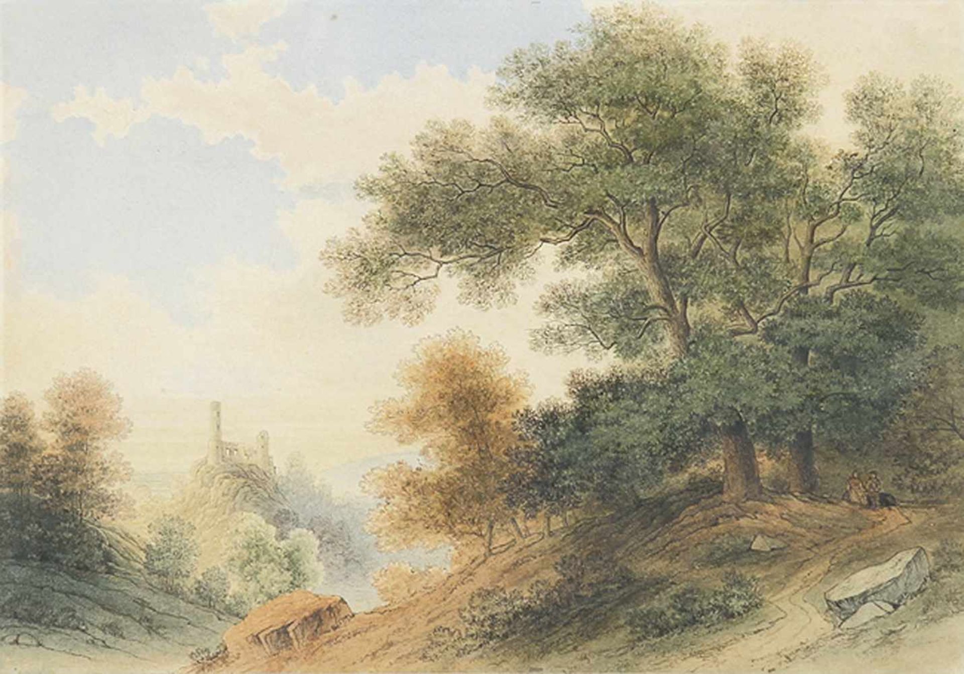 THEODOR VERHAS Schwetzingen 1811 - 1872 HeidelbergBlick von einem bewaldeten Hügel auf Burg Windeck.