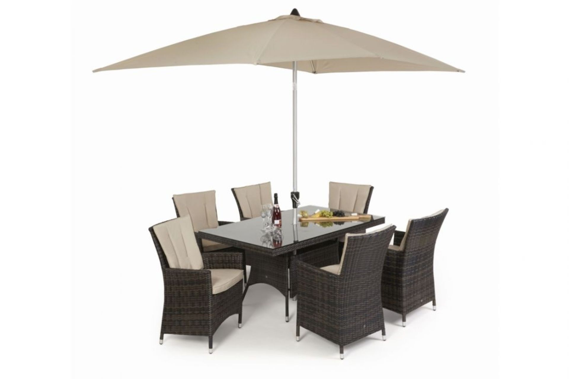 Rattan LA 6 Seat Rectangular Dining Set With Parasol (Brown) *BRAND NEW*