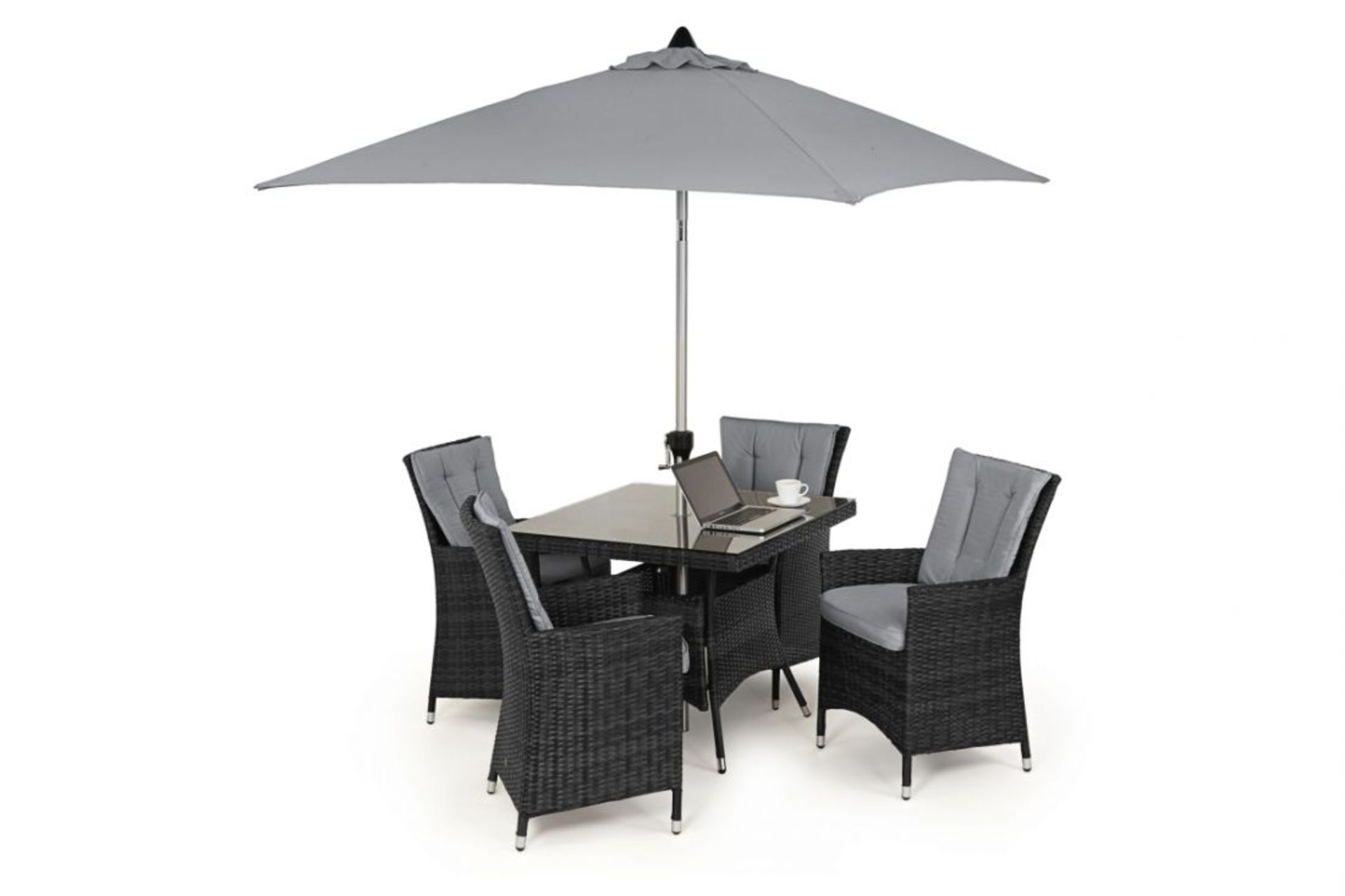 *** RESERVE MET ***Rattan LA 4 Seat Square Dining Set With Parasol (Grey) *BRAND NEW*