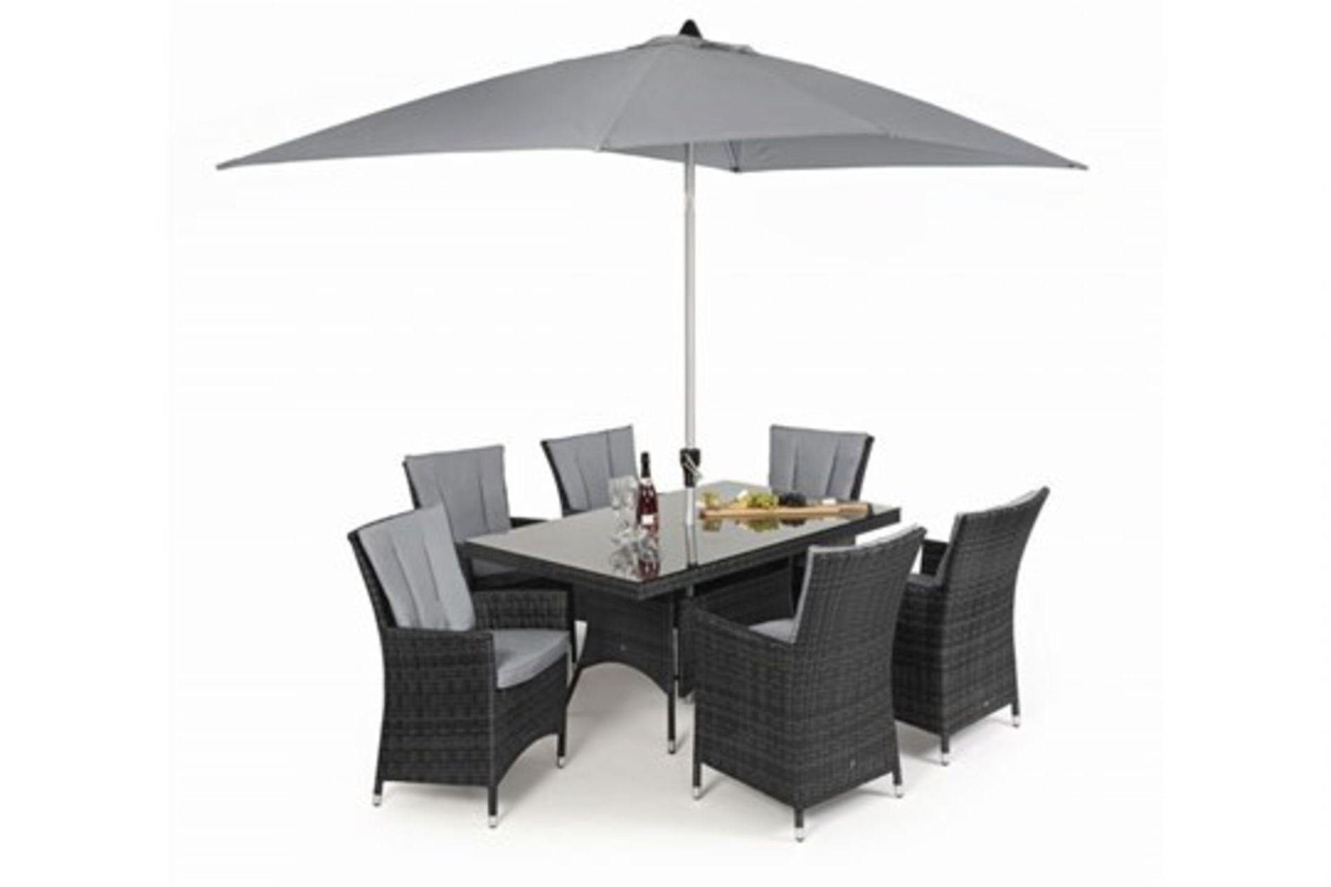 **RESERVE MET**Rattan LA 6 Seat Rectangular Outdoor Dining Set With Parasol (Grey) *BRAND NEW*