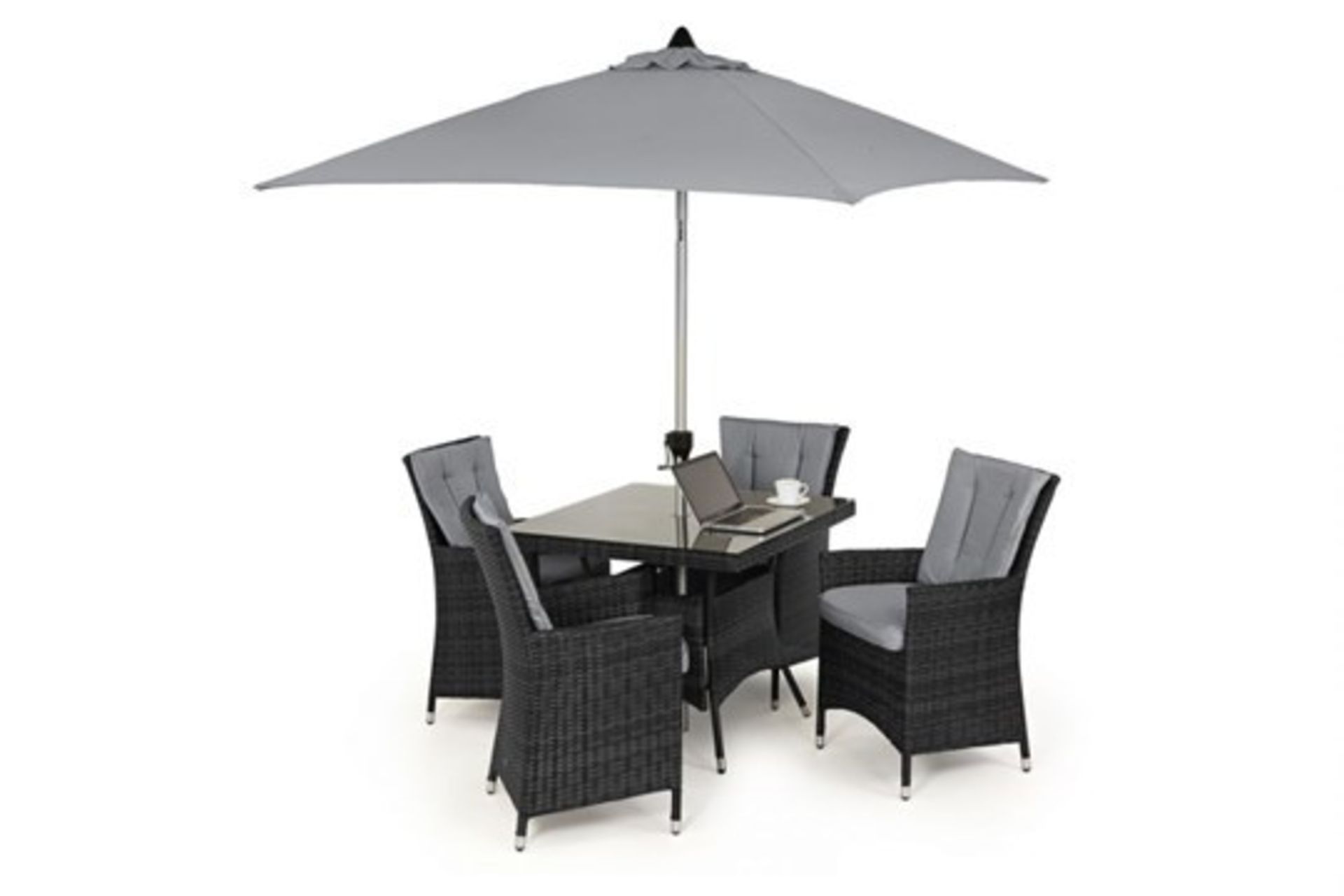 **RESERVE MET** Rattan LA 4 Seat Square Outdoor Dining Set With Parasol (Grey) *BRAND NEW*