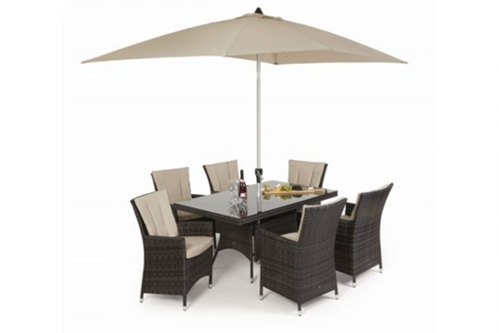 Rattan LA 6 Seat Rectangular Outdoor Dining Set With Parasol (Brown) *BRAND NEW*