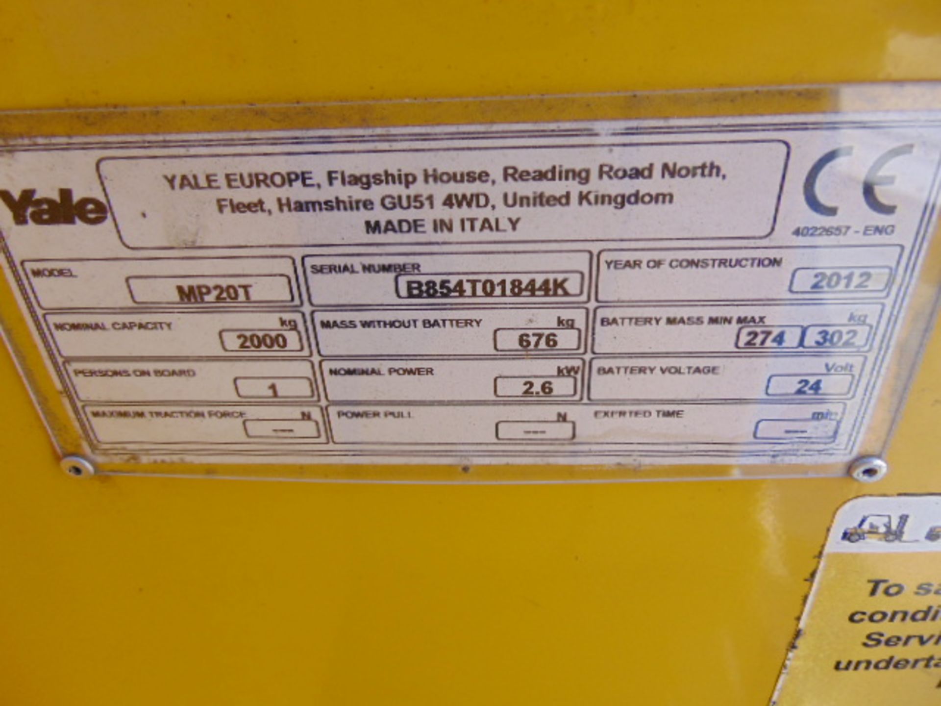 2012 Yale MP20T 2000Kg Electric Sit On Pallet Truck C/W Charger - Image 13 of 13