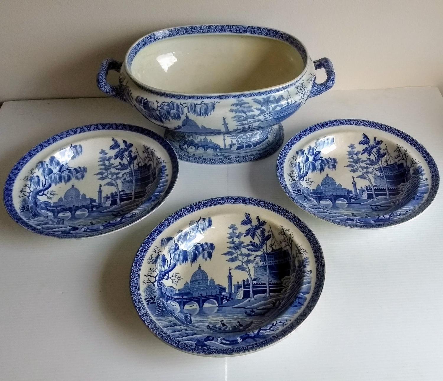 A Spode pearlware soup tureen, circa 1820, printed in underglaze blue with a view of Rome from the