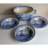 A Spode pearlware soup tureen, circa 1820, printed in underglaze blue with a view of Rome from the