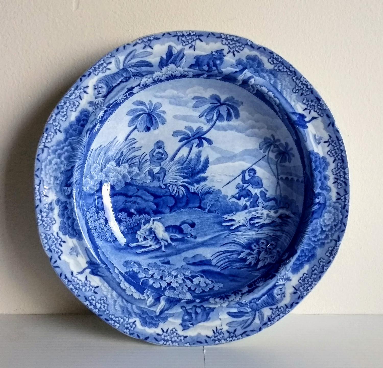 A Spode blue and white Indian Sporting Series 'Chase after a Wolf" pattern soup bowl, impressed