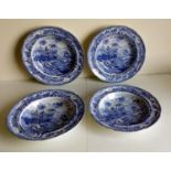 Four Spode Indian Sporting series soup plates, each transfer printed in blue with the pattern 'Chase