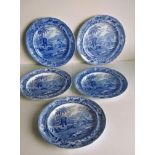 A set of five Spode pearlware Indian Sporting Scenes dinner plates, all with underglaze blue