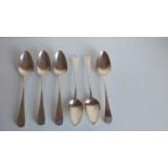 A matched set of six George III silver dessert spoons, three by Richard Crossley, 1798, monogrammed;