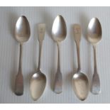 A set of five Georgian Irish silver fiddle pattern teaspoons, four by John Power, Dublin, 1813,