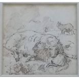 Attributed to Alfred William Strutt (1856-1924), EWE WITH HER LAMB, pencil and ink, framed and