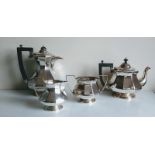 An Art Deco silver four-piece tea/coffee service with faceted decoration by I M Hutchfield