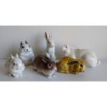 Two Royal Copenhagen rabbit figurines, two by Bing & Grondahl, Wade Arundel 1998 and one other,