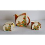 A Clarice Cliff Sunshine pattern Stamford teapot, milk and sugar circa 1931, transfer printed and