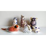 Royal Crown Derby Imari paperweights: Seated Cat XLIX, Koala Bear LI, Squirrel, Pheasant all with