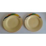 Two Clarice Cliff Bizarre side plates in the 'Bignou' pattern and a multi-coloured honey pot with
