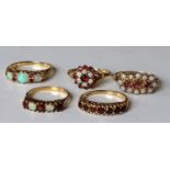 An assortment of five opal and gem-set rings on 9ct yellow gold settings, sizes M-S, all hallmarked,